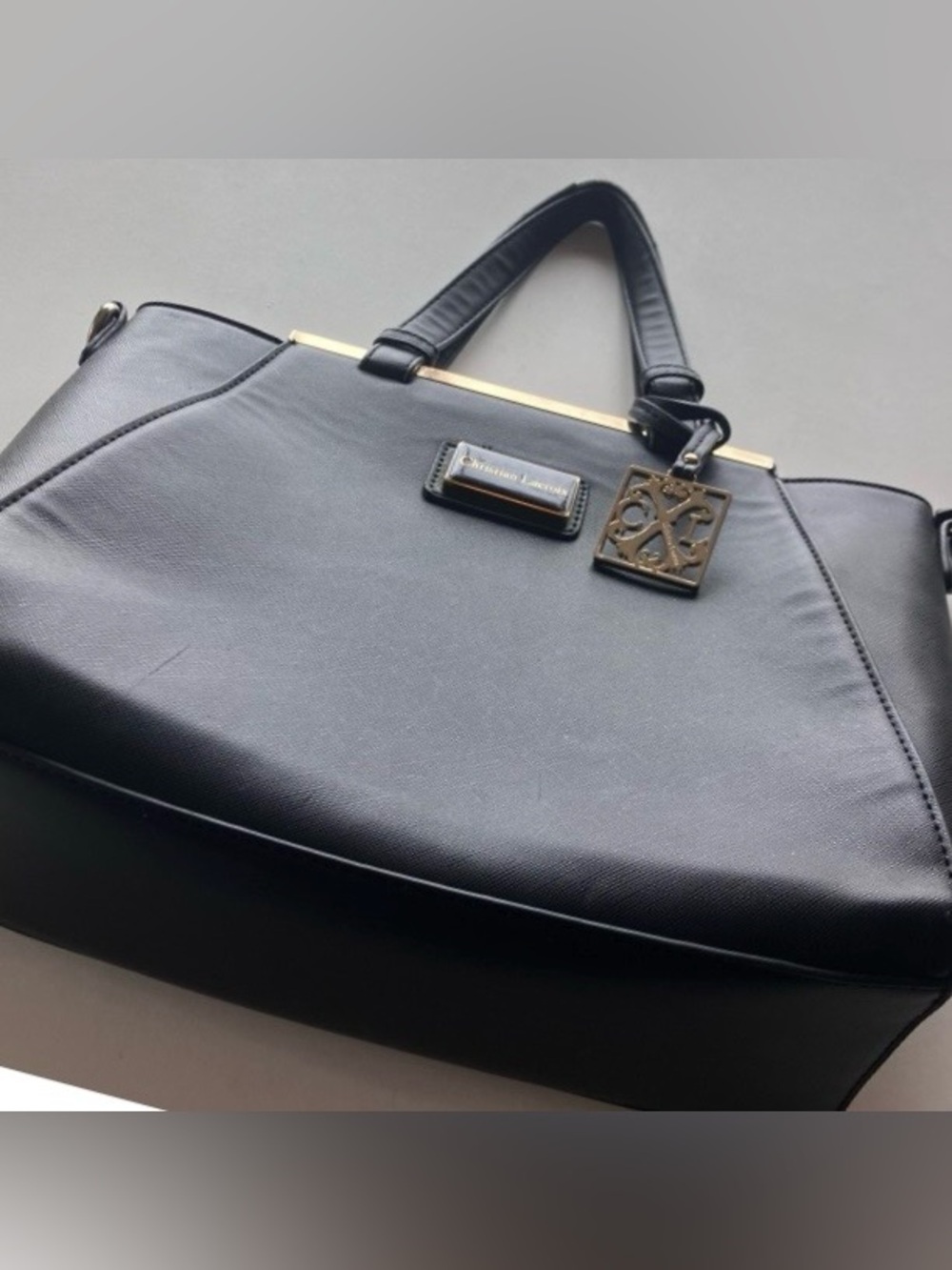 Christian Lacroix Black Faux Leather Tote Bag Gold Accents Royal Blue Interior